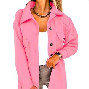 New pink with black buttons jacket with belt. 100% polyester. Fits like an 18/20